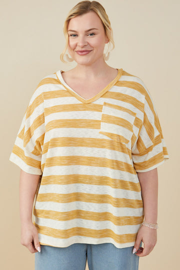 HY9286 Honey Womens Relaxed Fit Marled Striped Raw Edge Knit T Shirt Front